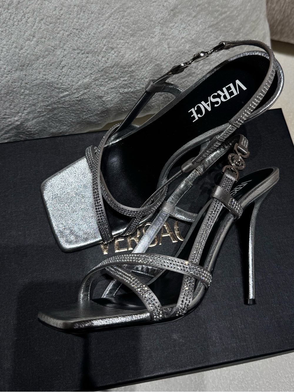 Versace Metallic Silver Strappy Stiletto Sandals